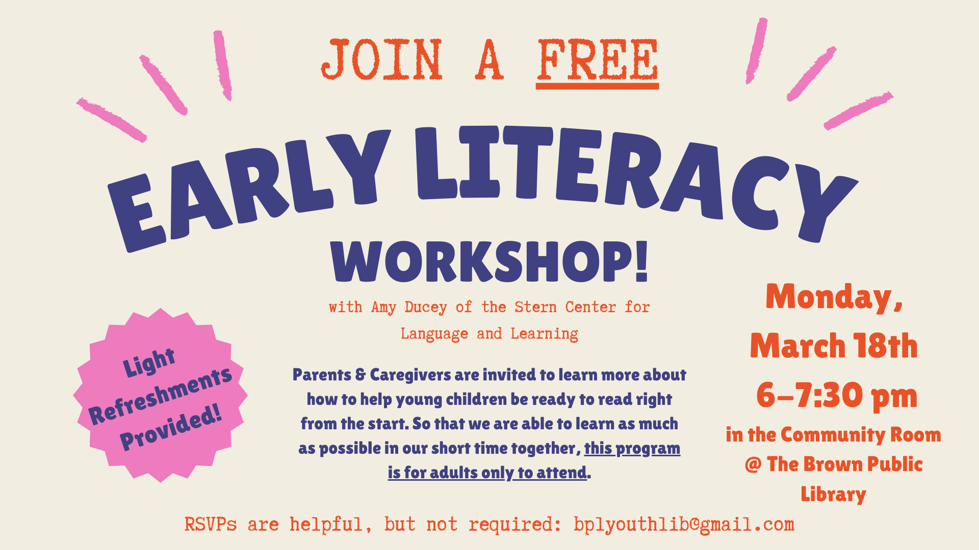 Free Early Literacy Workshop with Amy Ducey of the Stern Center